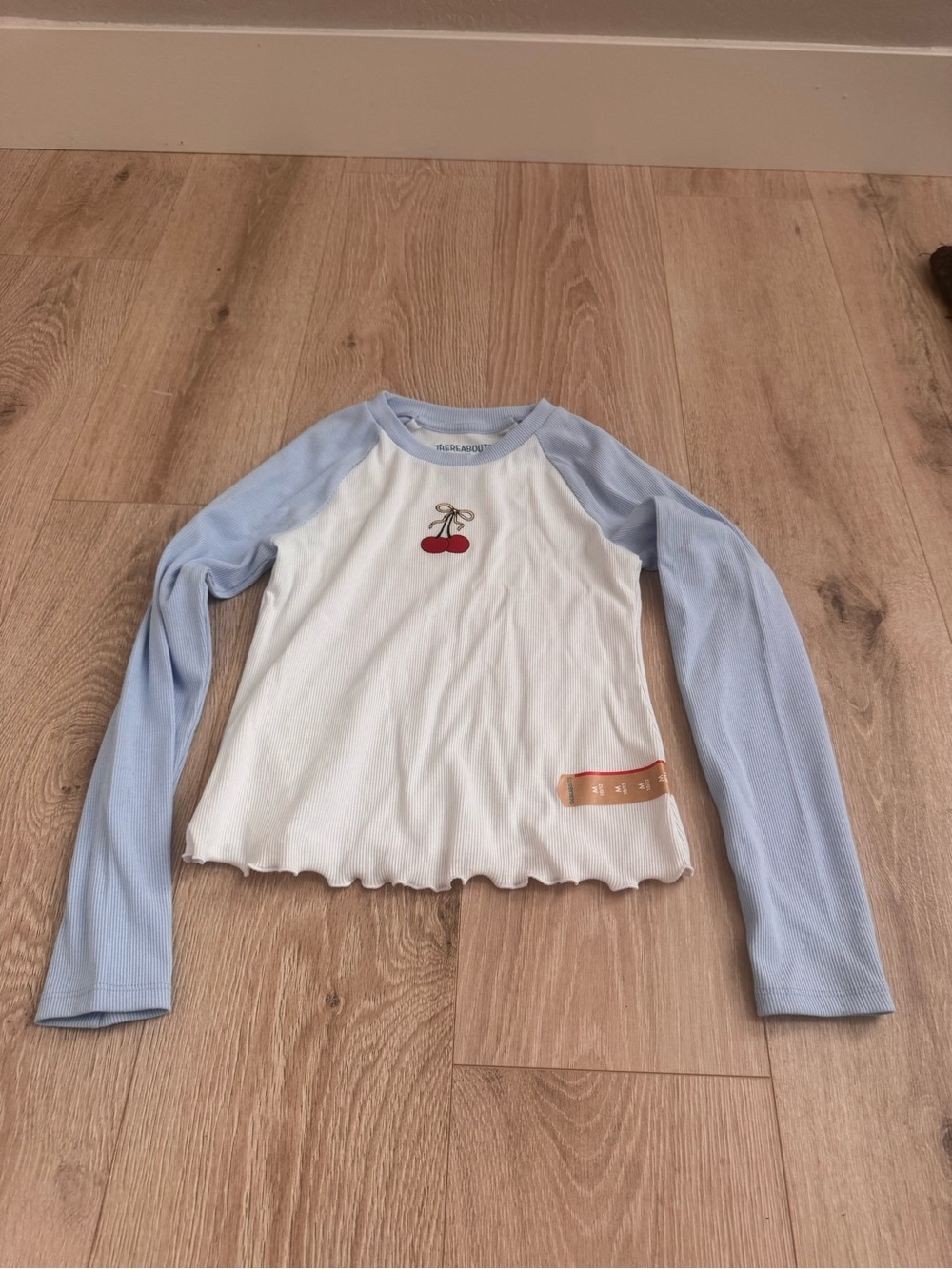 Girls' Long-Sleeve Raglan Tee with Cherry Accent - Light Blue & White